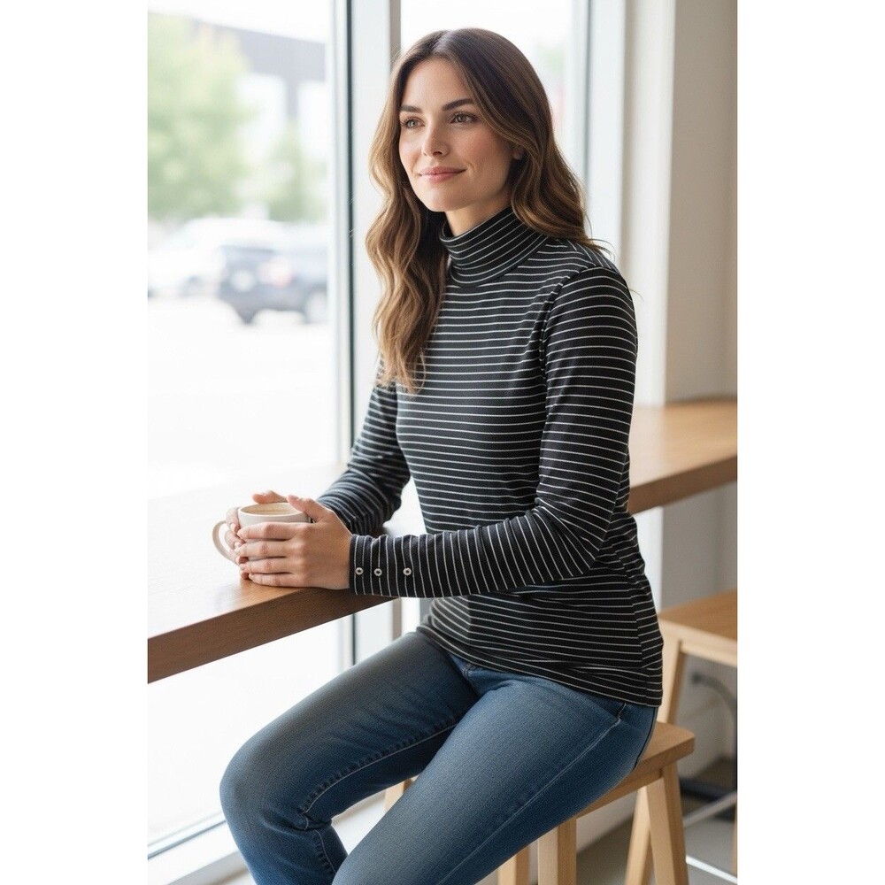 WHBM Mock Turtle Neck Black  Striped Long Sleeve Button Detail Stretch Top Sz L